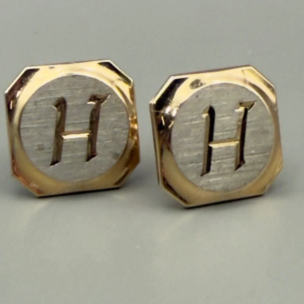 Mens Initial H Cufflinks Octagon Two Tone Gold Silver Tone Bullet Back 0.6